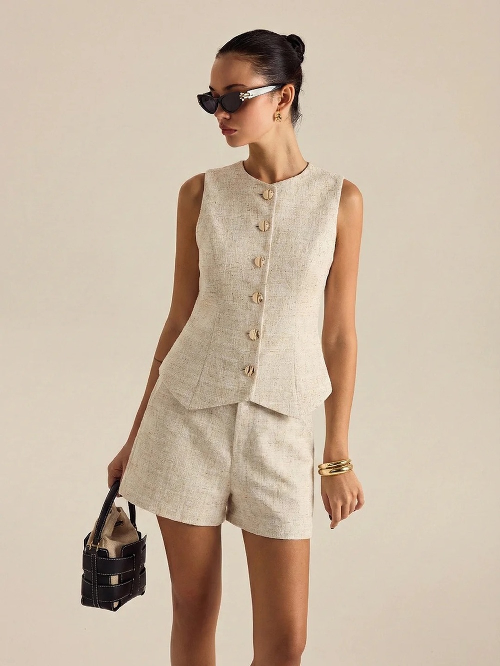 Commense Cream Tweed Shorts Set - Sleeveless Button Vest & High-Waist Shorts